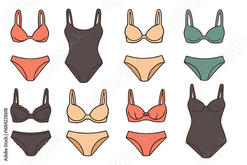 Lingerie set, swimwear collection. Vector illustration of women's underwear, bra, panties, bikini, swimsuit. Female fashion apparel concept. Simple flat cartoon design for shop.