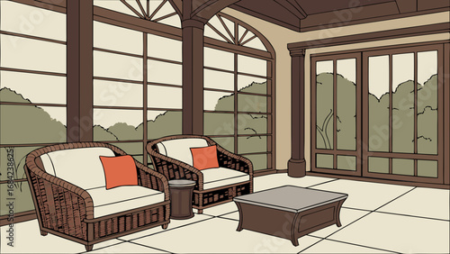Sunroom with wicker furniture and garden view illustration home interior design relaxing space cozy room patio furniture.