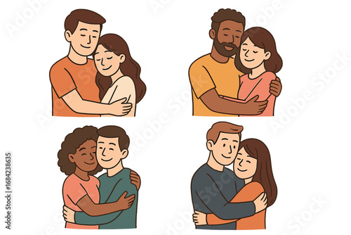 Set of diverse couples in love. Multiracial man and woman hugging with affection. Happy relationship, romance, and togetherness concept. Simple flat vector cartoon illustration.