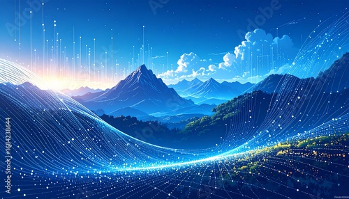 Digital mountain landscape with glowing lines