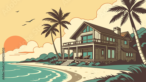 Sunset Beach House Tropical Vacation Illustration Ocean View Home Coastal Landscape Summer Paradise Idyllic Seaside Scene.