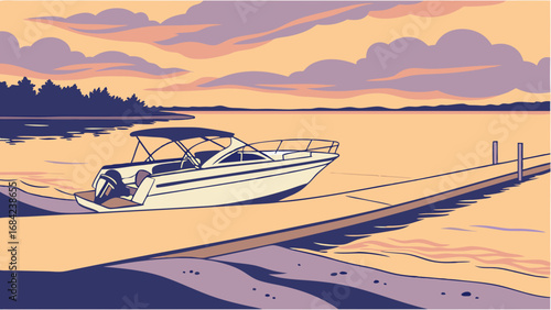 Sunset Boat on Dock Lakeside Summer Evening Peaceful Waters Nautical Illustration.