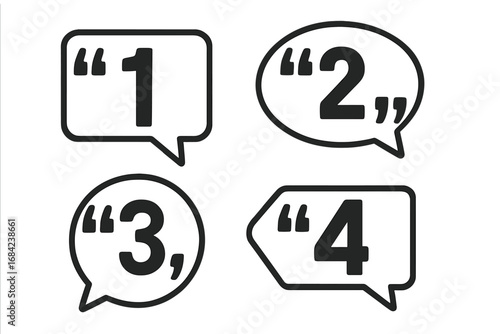 Set of speech bubbles with numbers 1, 2, 3, 4 and quotation marks. Infographic elements for steps, options, or process. Vector illustration for testimonials, quotes, and communication concepts.