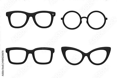 Eyeglasses vector set. Collection of different black spectacle frames. Retro cat eye, classic, and round hipster glasses. Fashion accessory icon. Optical vision concept.