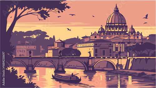 Sunset cityscape with a boat on a river and a large dome building in the background.