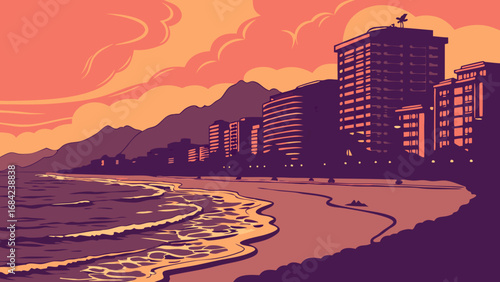Sunset Coastal Cityscape Beach Buildings Ocean Waves Summer Vacation Tropical Evening Illustration.