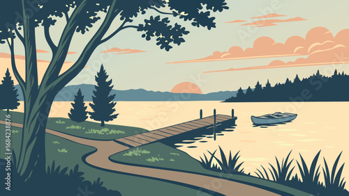 Sunset Lake Scene with Wooden Dock and Rowboat Peaceful Nature Illustration.