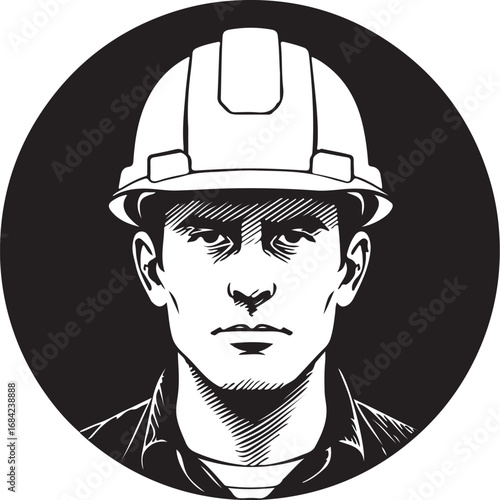 Illustrative portrait of a construction worker wearing a hard hat in black and white vector illustration for safety and construction industries