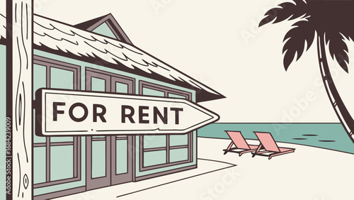 Tropical Beach House For Rent Sign Illustration Vacation Rental Coastal Property Summer Holiday Seaside Getaway Ocean View Palm Tree Beach Chairs Idyllic Scene Relaxing Atmosphere Summer Vacation Tra.