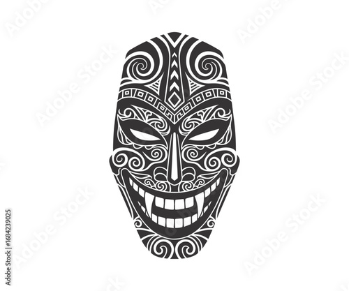 Tribal Mask Silhouette with Wide Grin, Bold Black Art