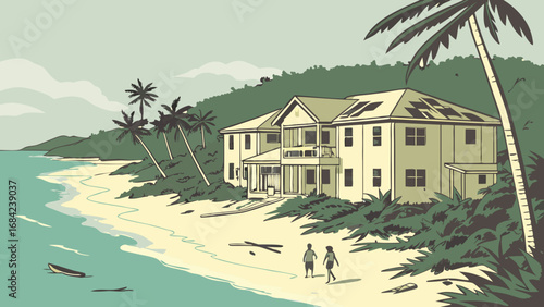 Tropical beach house illustration couple walking on sandy shore palm trees ocean view summer vacation coastal home seaside property idyllic scene tranquil getaway travel poster holiday card postcard .