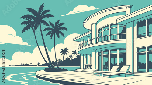 Tropical Beach House Illustration Oceanfront Property Luxury Villa Summer Vacation Coastal Design Palm Trees Modern Architecture Seaside Relaxation Idyllic Retreat Waterfront Home Holiday Getaway Dre.