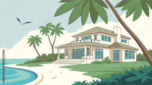Tropical Beach House Illustration Oceanfront Property Vacation Home Seaside Villa Summer Palm Trees Coastal Living Idyllic Landscape Relaxing Scene Dream Home Paradise Tranquil Setting Beachfront Sum.