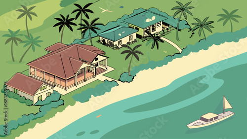 Tropical Beach House Illustration Seaside Vacation Home Island Getaway Palm Trees Ocean View Coastal Property Summer Vacation Idyllic Resort Holiday Home Tropical Paradise Beachfront Property Caribbe.