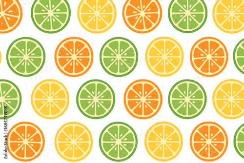 Citrus fruit seamless pattern with orange, lemon, lime slices. Vector flat illustration for background, textile, fabric. Fresh summer food concept for juice bar menu or wallpaper.