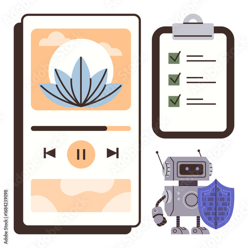 Smartphone with meditation app, checklist clipboard, robot with shield emphasizing wellness, task management, automation, cybersecurity, mindfulness, digital balance. Ideal for app design stress
