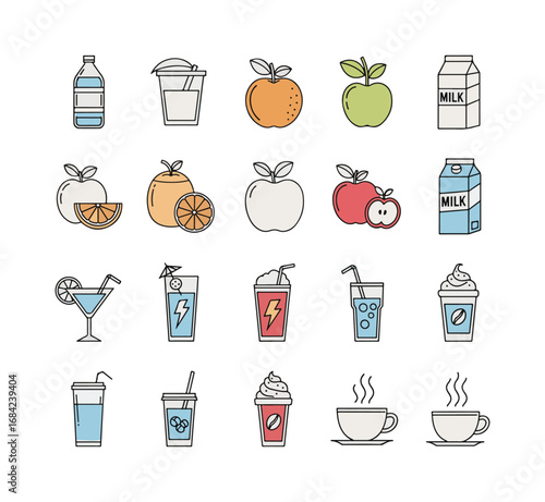 A collection of beverage line icons in vector format. Includes icons for water, juice, milk, soda, cocktails, energy drinks, milkshakes, coffee, and more. Pixel perfect.