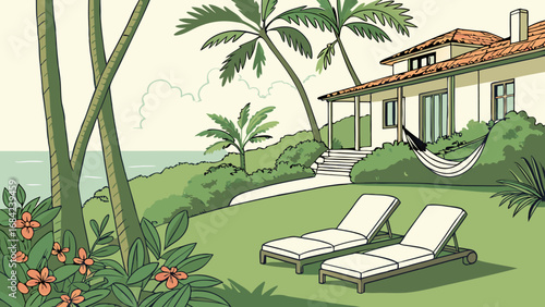 Tropical House with Ocean View Palm Trees Hammock and Loungers.