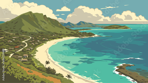 Tropical Island Beachscape Coastal View with Lush Green Mountains and Turquoise Ocean Water.