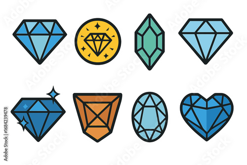 Diamond and gem icon set. Vector flat illustration collection of precious stones. Jewelry, luxury, wealth concept. Crystal, brilliant, heart and jewel symbols. Treasure coin icon.