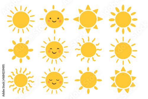 Cute sun icon collection. Vector set of happy smiling suns and sunshine symbols. Flat cartoon weather design elements for summer. Kawaii character emoji graphic illustration.