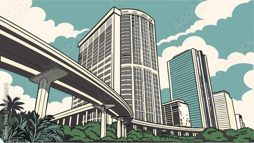 Urban cityscape illustration skyscrapers elevated highway modern architecture city skyline graphic design vector art building illustration metropolis urban landscape architectural drawing city illust.