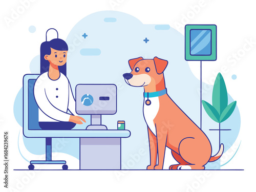 Friendly veterinarian examines a happy dog in a modern clinic setting