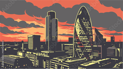 Urban Skyline at Sunset Cityscape Illustration Modern Architecture Evening Scene Vector Art.