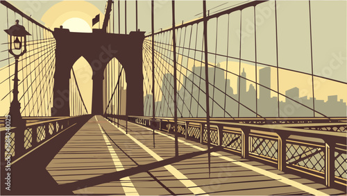 Vintage Style Suspension Bridge Illustration Cityscape Skyline Urban Travel Poster Design Sunrise View.