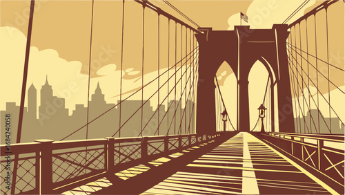 Vintage Style Suspension Bridge with City Skyline in Background.