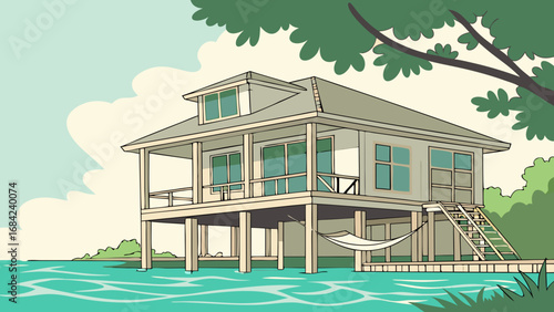 Waterfront house illustration tropical vacation home beach house design overwater bungalow summer getaway coastal architecture tranquil scene seaside property hammock relaxation cartoon style holiday.