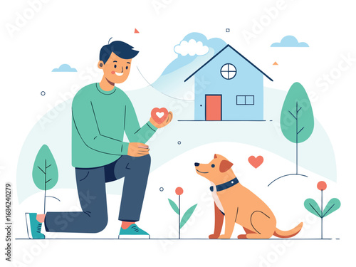 Man training his dog with treat outdoors near house and trees