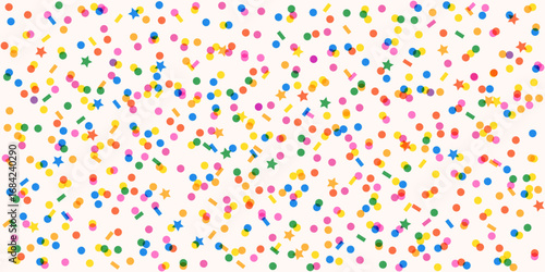 Confetti pattern. Random rounds and stars elements seamless pattern. Colorful confetti pattern with texture and transparent effect.