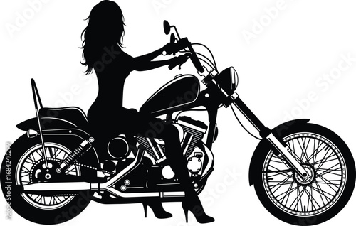 Silhouette of Sexy Woman in High Heels Riding Classic Custom Chopper Motorcycle Vector Illustration Isolated on White Background