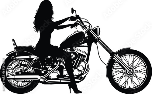 Silhouette of Stylish Woman Riding Custom Chopper Motorcycle in High Heels Vector Illustration Isolated on White Background for Biker Art