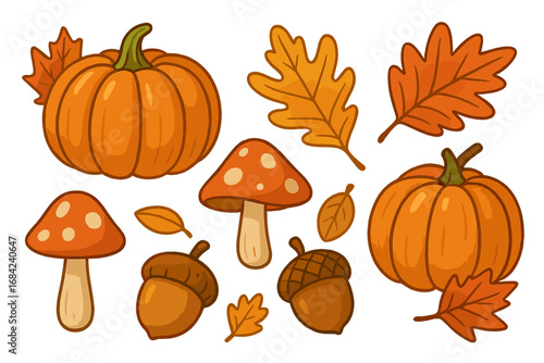 Autumn fall illustration set with cute cartoon pumpkin, oak leaf, mushroom, and acorn. Vector graphic elements for Thanksgiving, harvest festival, or seasonal design projects.