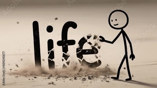 Animated Stick Figure Destroying the Word Life with Shattering Effect