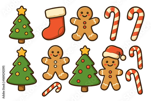 Cute Christmas icon set with gingerbread man cookie, candy cane, tree, and stocking. Festive holiday cartoon vector illustration collection for graphic design elements.