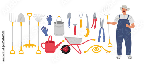 Gardening tools and supplies arranged with a gardener in a sunny outdoor setting