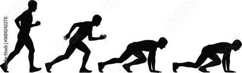 Silhouette sequence of male runner transitioning from walking to sprint start position, demonstrating athletic movement and dynamic running posture.