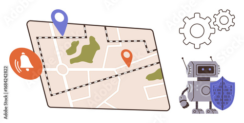 Robot holding shield alongside a digital map with location pins, green spaces, and alert symbol. Ideal for technology, navigation, security, travel, innovation, automation and location tracking