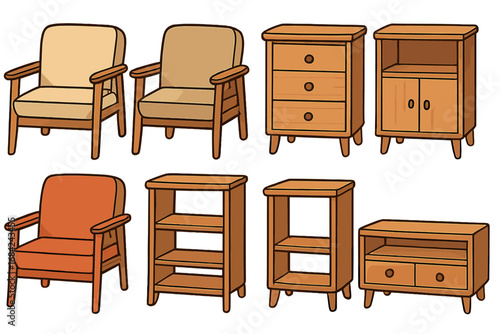 Vector furniture collection. Set of isolated home interior elements. Wooden armchair, cabinet, storage unit, shelf. Mid-century modern simple design. Home decor icons.