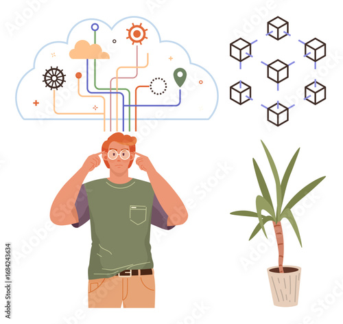 Man adjusting glasses beneath cloud diagram of data connections, blockchain cubes, and a leafy indoor plant. Ideal for technology, innovation, blockchain, environment, creativity, data and analytics