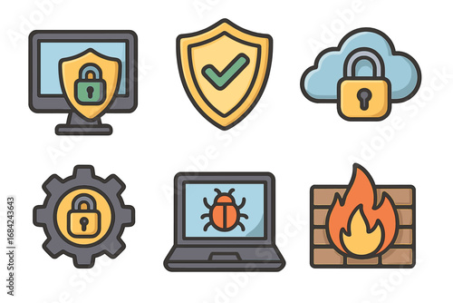 Cybersecurity icon set for data protection and network safety. Vector icons of firewall, cloud computing security, virus protection, and secure access for modern technology.
