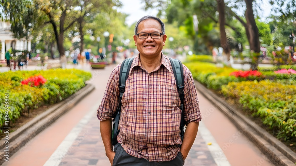 Fototapeta premium Smiling Man Traveler in Park Backpack Portrait