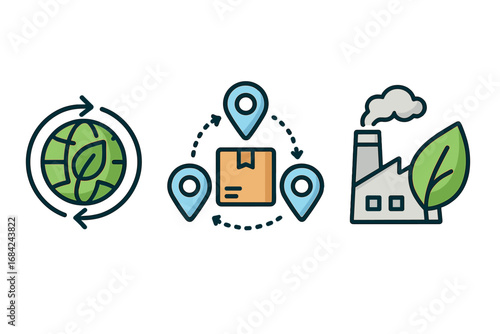Eco friendly supply chain and sustainable business practices icon set. Green logistics, carbon neutral production and distribution with globe, factory and package vector icons.