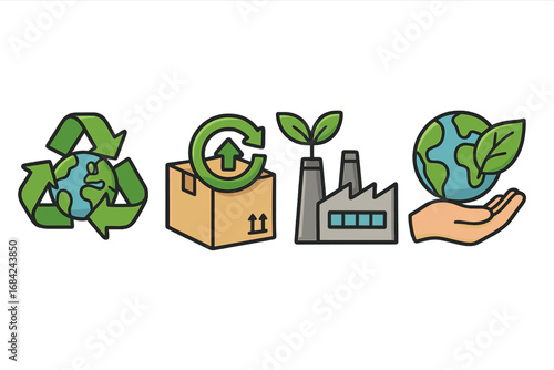Sustainability icon set for green business. Eco-friendly concepts of supply chain, environmental responsibility, recycling, circular economy, ESG, and ethical manufacturing.