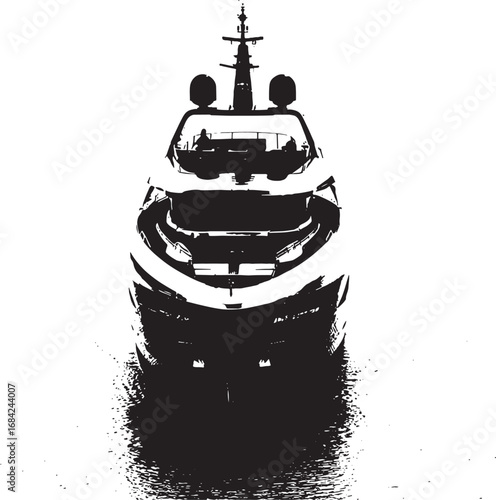 Monochrome Illustration of a Yacht on Water with Reflection and Bold Artistic Style creating graphic appeal