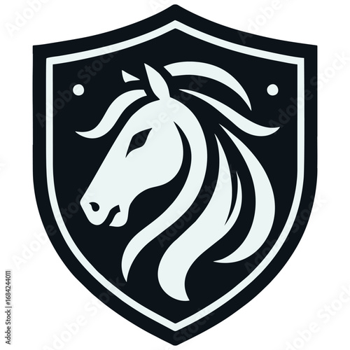 Black shield with white horse head design, suitable for equestrian themes, logos, and branding projects. Stock illustration for marketing materials.