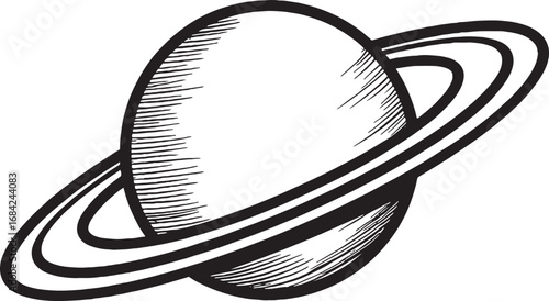 Monochrome illustration of Saturn with its rings surrounding the planet ideal for educational materials and presentations about space exploration